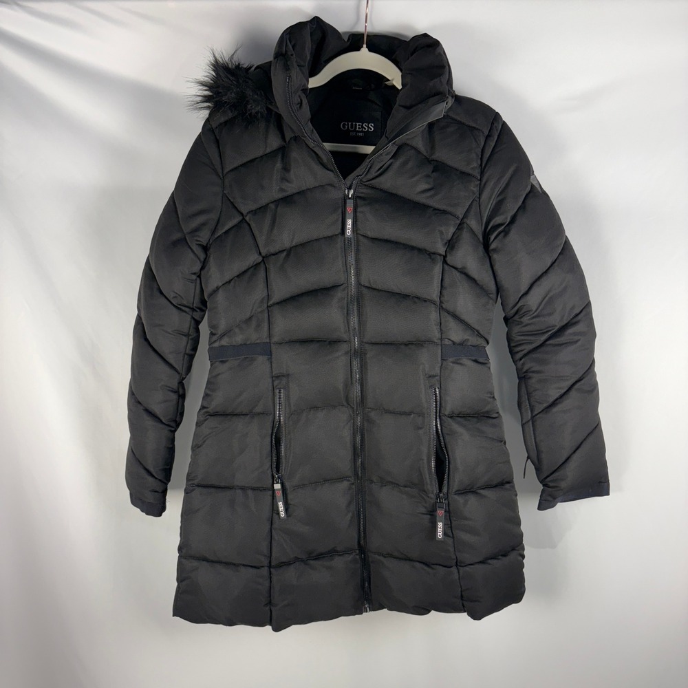 GUESS Black Puffer Coat Faux Fur Hooded Quilted Warm Winter Jacket Medium M